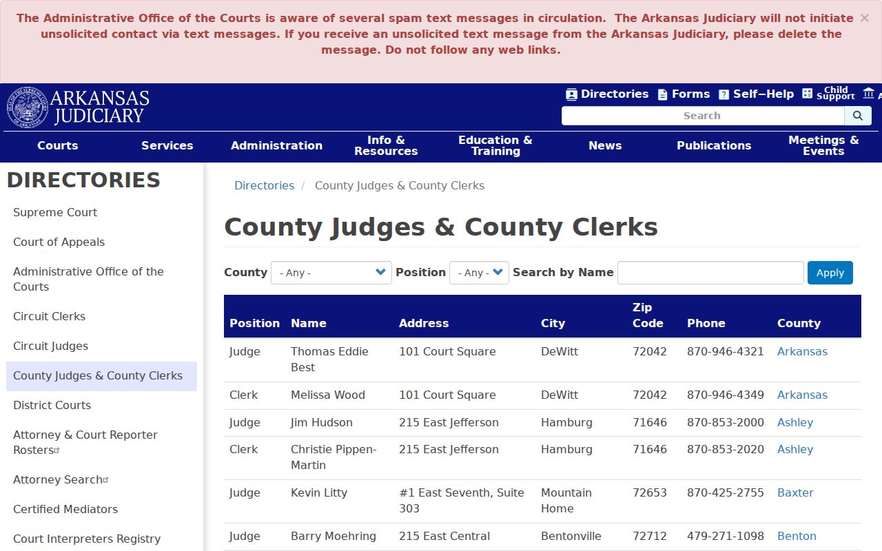 Arkansas Judiciary county official directory used for Summit government routing
